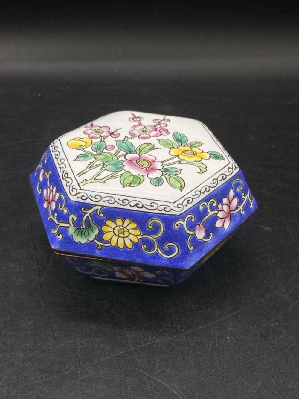 Hexagon Enamel Trinket Box Hand Painted Metal Book Designs Knobler 6 Sides READ - Picture 12 of 12